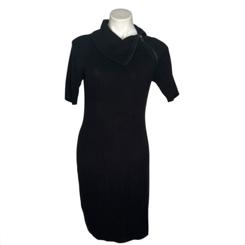CALVIN KLEIN Black Sweater Dress Asymmetrical Zipper Neckline Knit Size Medium